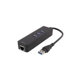 Deltaco USB 3.0 Network Adapter, 10/100/1000Mbps, 1xRJ45, 1xUSB3.0 Type A Male, 3x USB3.0 Type A Female, Black