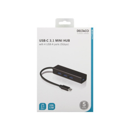 Deltaco USB-C Mini Hub with Four USB-A Ports, USB 3.1 Gen 1, Black